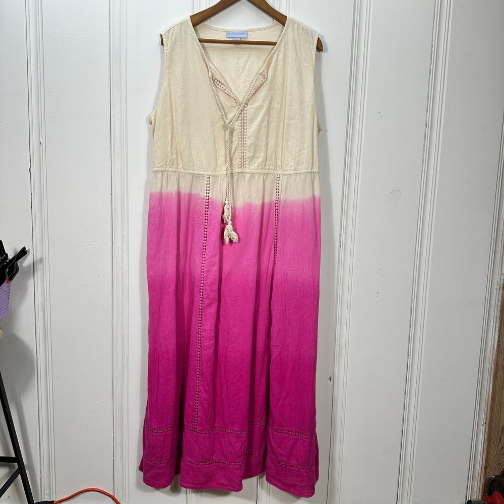 Only Necessities Maxi Dress Womens 2X Pink Ombre Cotton Gauze Crochet Trim EX